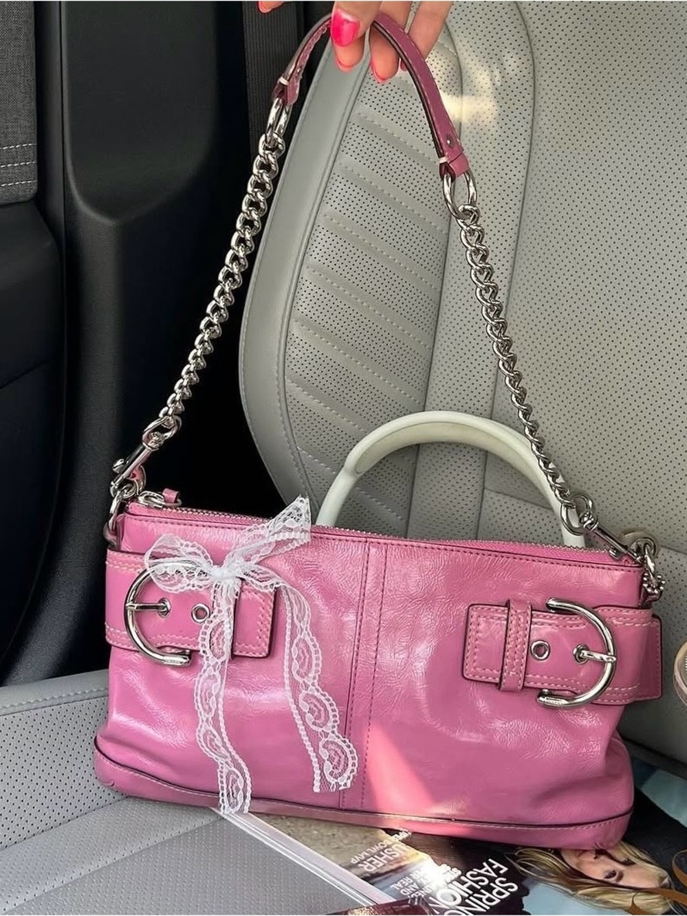 Pink Leather Shoulder Bag with Chain Strap